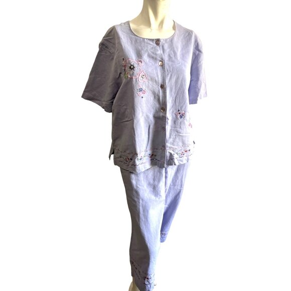 Vintage Koret Linen Blend Floral Pant Suit Sz Large Womens Purple Button Front S - Picture 16 of 16
